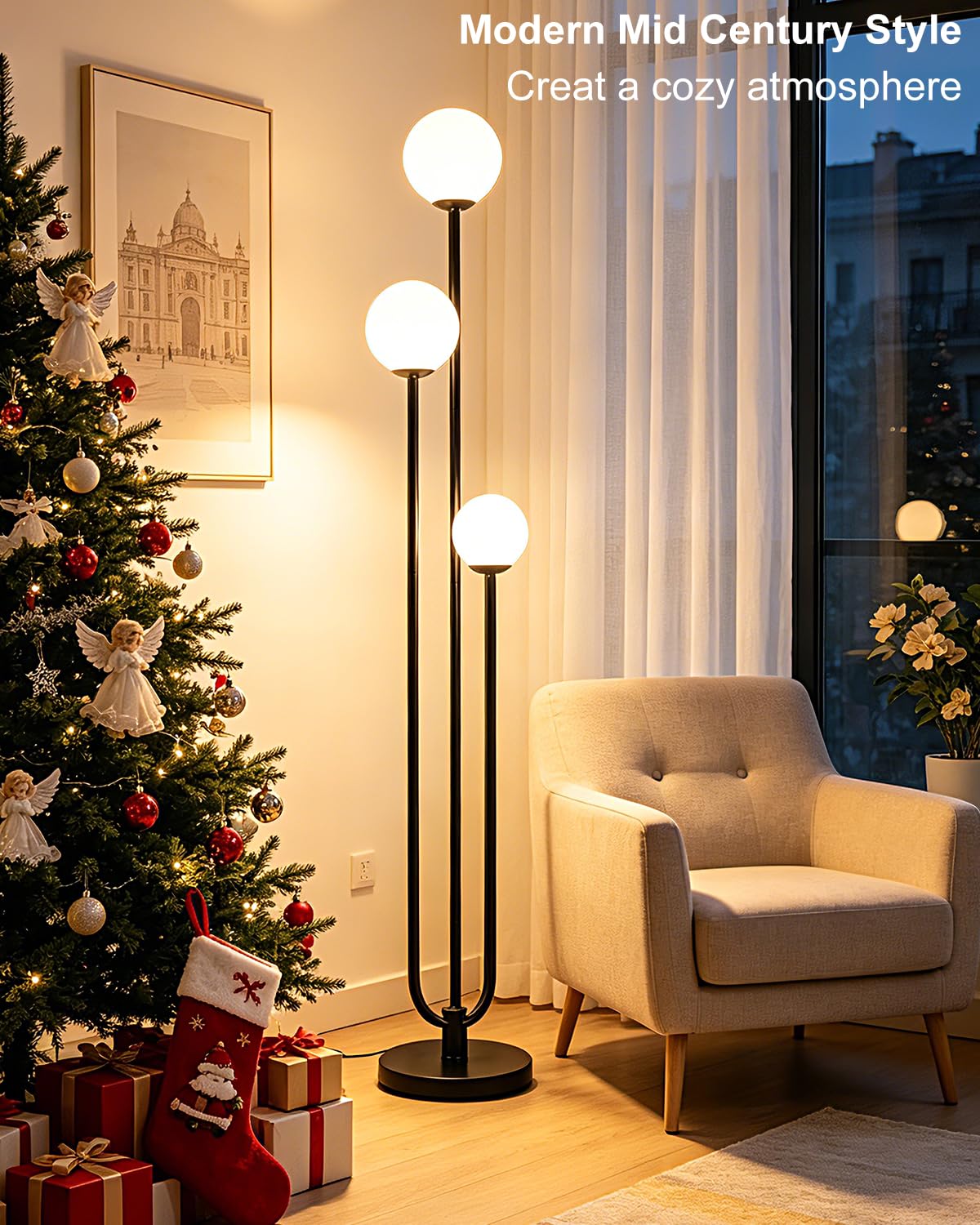 63IN 3 Light Dimmable Globe Floor Lamp Unique Black Tall Lamps (Black-3U)