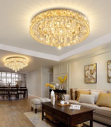 23.6" Modern Crystal Chandeliers LED Dimmable Flush Mount Ceiling Chandeliers for Living Room Entrance Foyer Bedroom Gold (Gold / 23.6" Width)