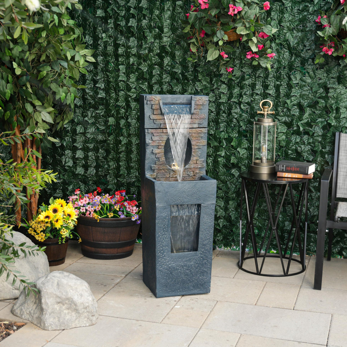 TZL398 40" Stone Wall Cascading Fountain with LED Lights (40"H - Gray Stone Wall w/ LEDs)