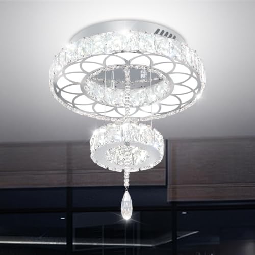 16inch Modern Mini Crystal Chandelier for Hallway LED Crystal Ring Chandeliers Dimmable Flush Mount Ceiling Light for Dining Room Living Room Bedroom (Silver / W:16inches)
