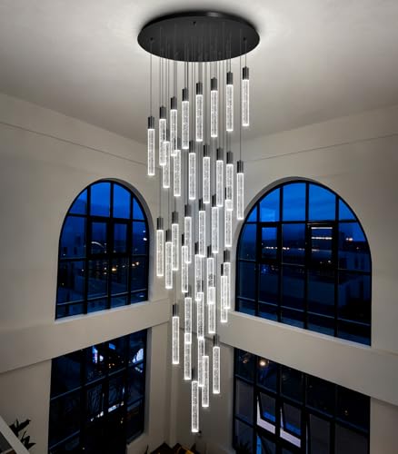 16 Foot Chandeliers for Living Room Entryway High Ceiling Light Fixtures Sloped Flush Mount Ceiling Pendant Lighting Dimmable Chandelier with Remote LED Crystal Pendants Lighting Black Light (36 lights / Black)