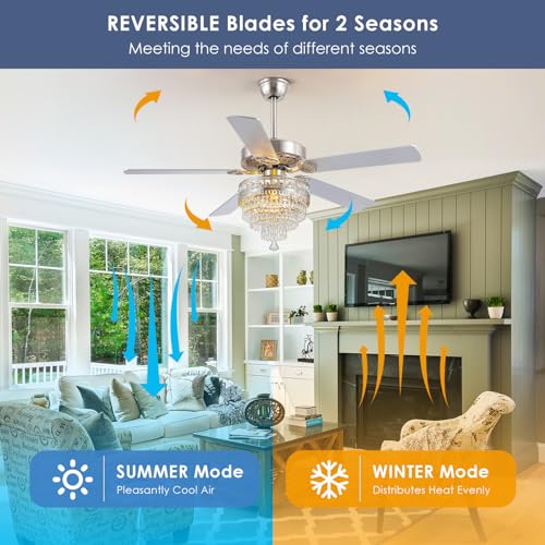 52" Silver Crystal Chandelier Ceiling Fans with Lights and Remote Control (Silver-52Inch)