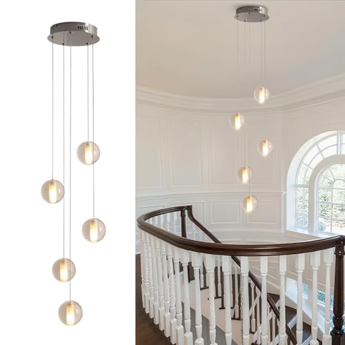 5 Lights Foyer Chandeliers for High Ceilings Raindrop Crystal Ball Chandelier Dimmable LED Entryway Pendant Light Hanging for Dining Room Kitchen Island Hallway (5 Light / Nickel Canopy)