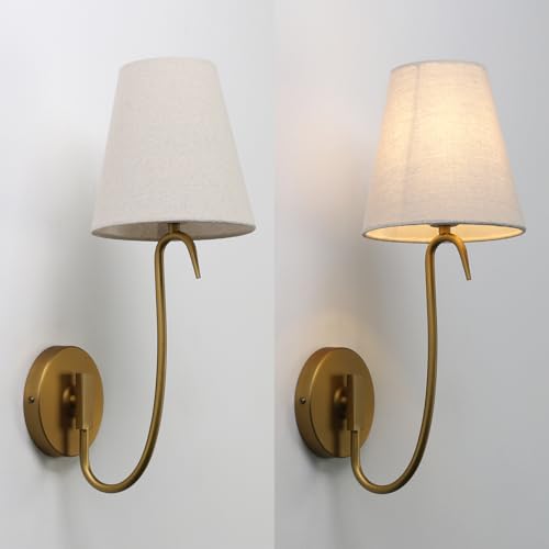 Swan Neck Wall Sconces Fixtures with Linen Fabric Shade Set of 2