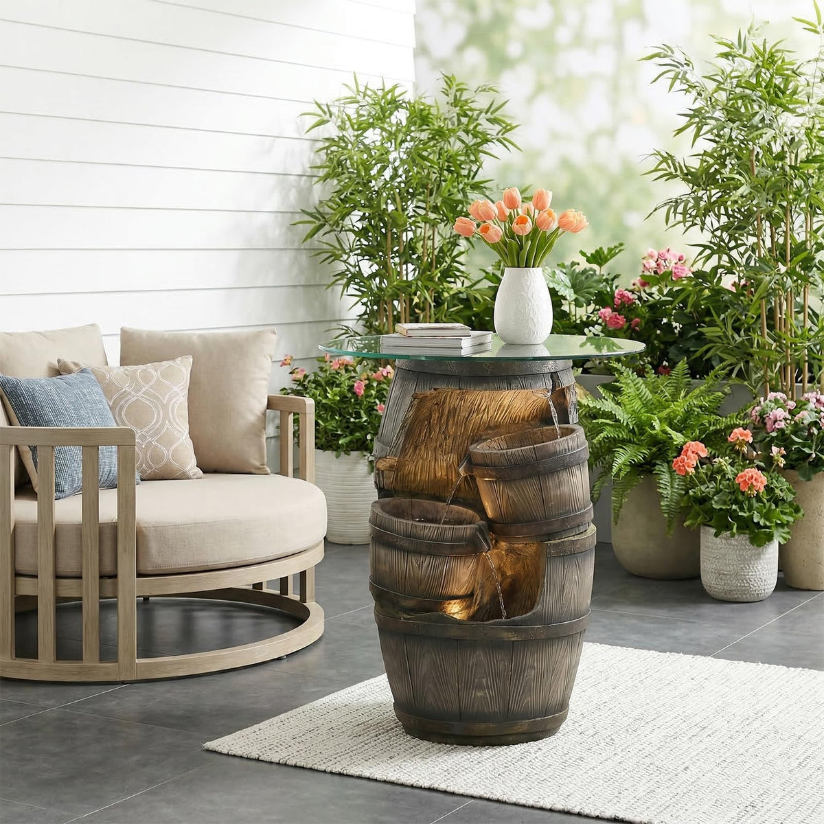 Rustic Barrel Outdoor Water Fountain with Glass Tabletop (22.83inch)