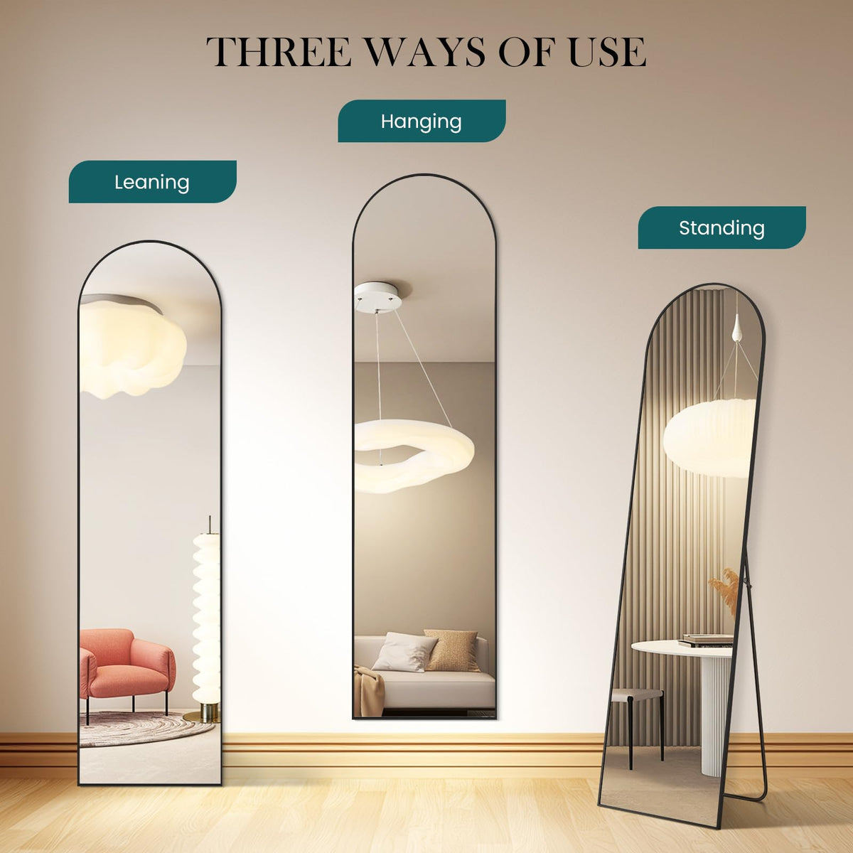 16"x60" Arched Full Length Floor Mirror (Black-arched / 60"L x 16"W)