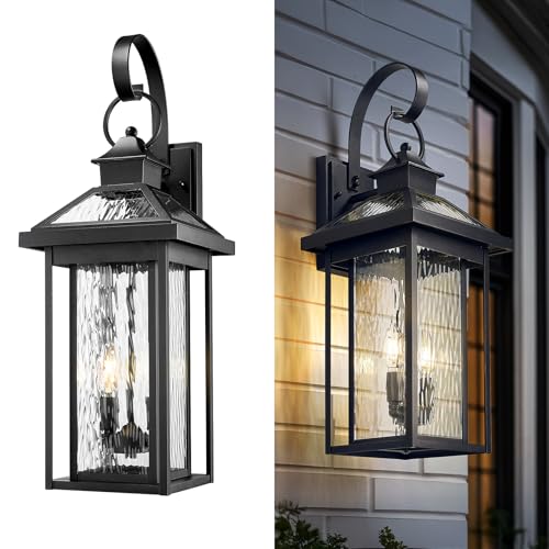 2 Light Porch Wall Mount Light (Black - Water Ripple Glass / 25.2 Inch - No Function)