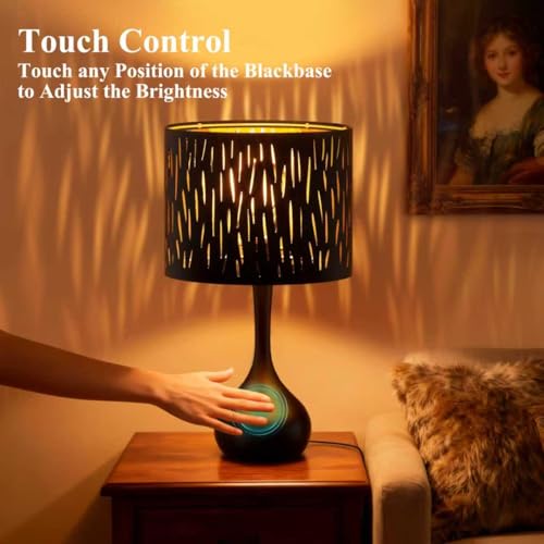 Touch Bedside Lamp for Bedroom (Black Openwork Shade & Black Base)
