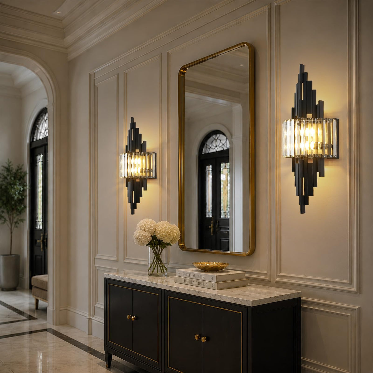 Black Crystal Wall Sconce set of 2 Mid Century Modern Vanity Bathroom Light (Black Rectangle-2P)