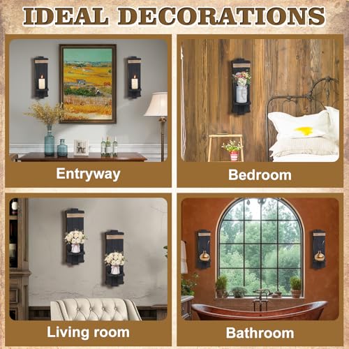 Handmade Wooden Candle Sconces Set of 2 Farmhouse Wall Decor (Black / 5.3"L x 4.7"W x 16"H)