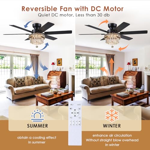 52" Low Profile Crystal Ceiling Fans with LED Lights and Remote (Black-52IN-5019)