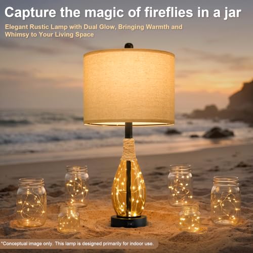 23" Table Lamps for Living Room Set of 2 Bedside Lamps for Night Stands Bedroom Lamps Farmhouse Rattan Boho Lamp Glass Nightlight End Table Lamp (Tea Brown)
