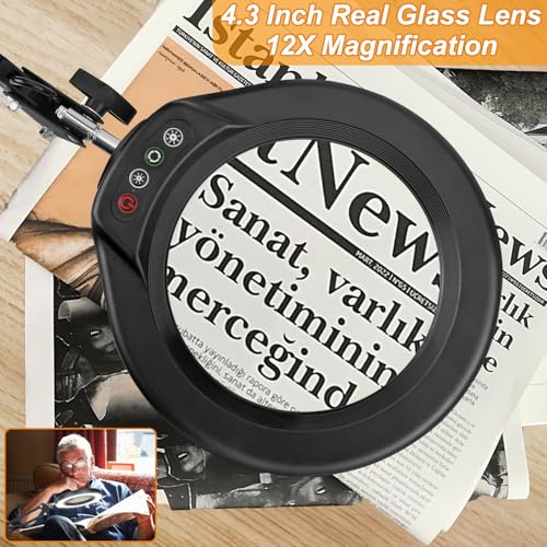12X Large Magnifying Glass with Light and Clamp (Black / 12X 32inch Clamp)
