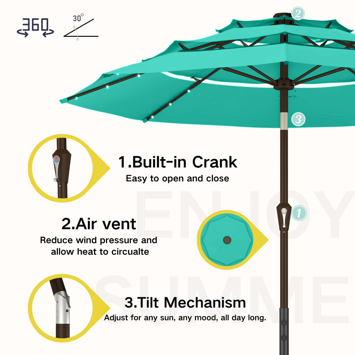 10ft 3 Tier Patio Umbrella with Solar Lights (Tiffany blue / 10 FT)