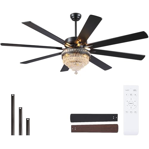 72 Inch Black Large Crystal Chandelier Ceiling Fans with Lights and Remote (Black-72IN)