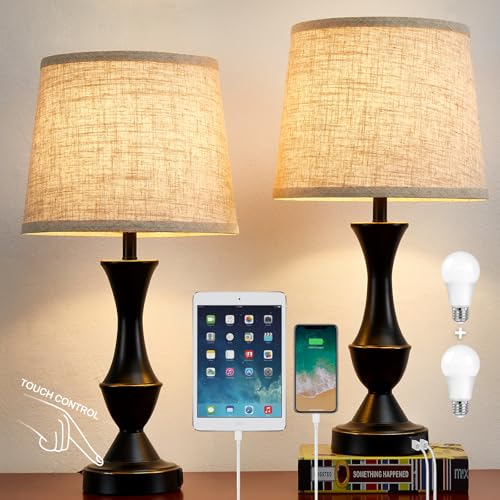 Upgraded Touch Table Lamps Set of 2 (Black, Beige / 22in)