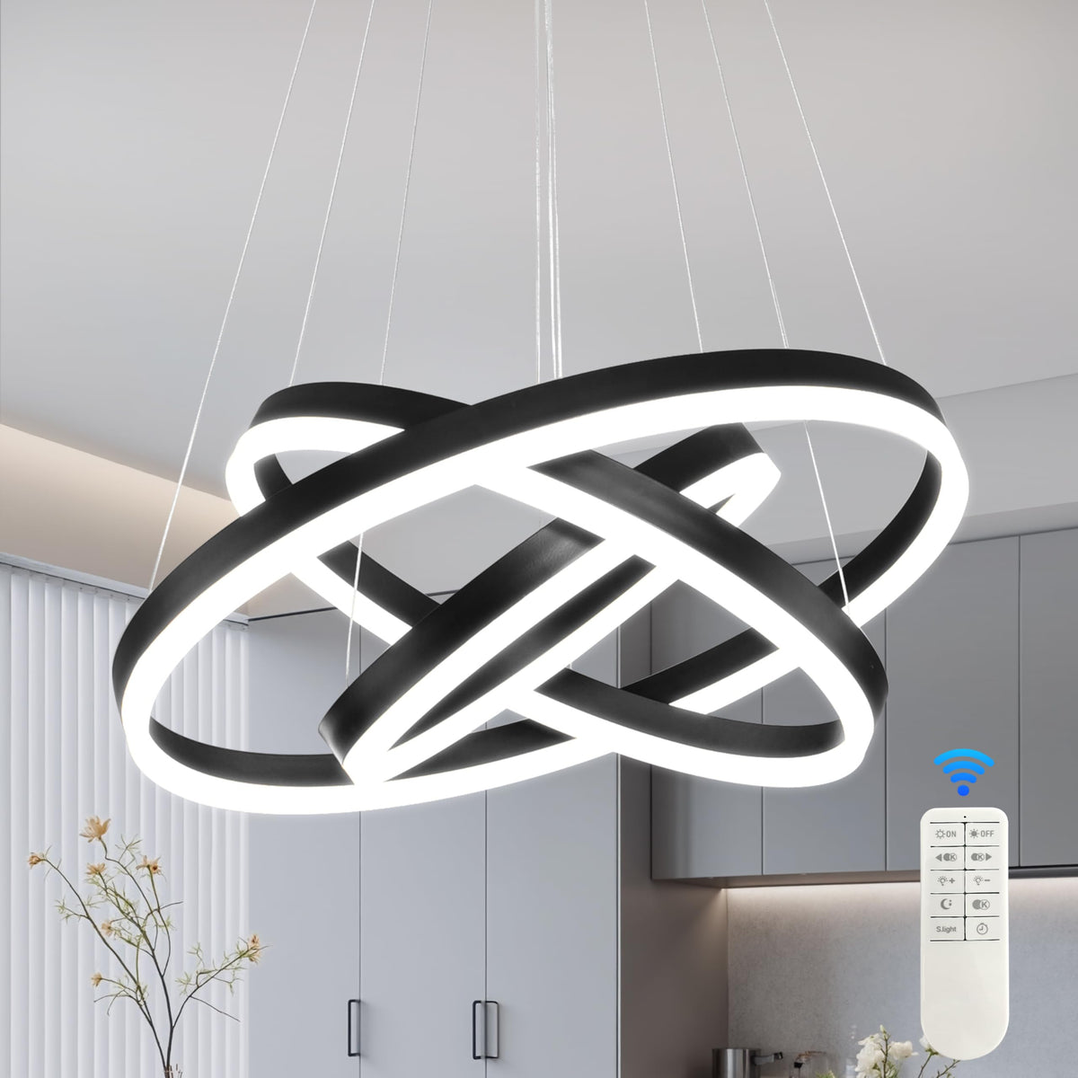 Modern Led Chandelier 3 Rings Black Pendant Lights Dimmable Chandeliers Color Temperature Height Adjustable Black Chandelier Led Pendant Light for Living Room Dining Room Bedroom Entryway (Black / 3Ring-20")
