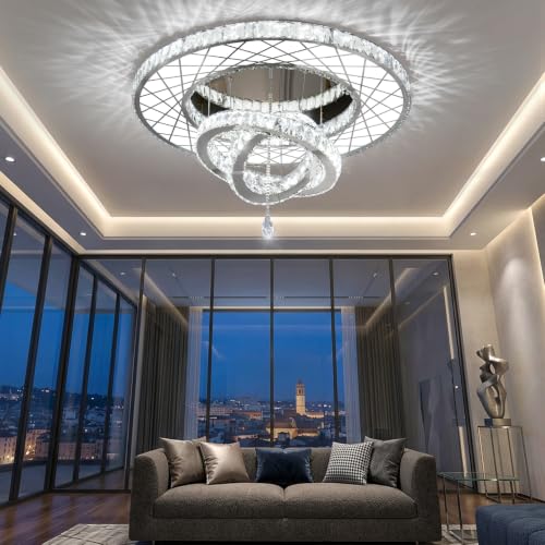 Crystal Glam Chandelier LED Ceiling Light Dining Bedroom Interior Lighting Fixtures Remote Dimmable Ceiling Chandeliers 24 Inches Silver Light (24 inch / Silver)