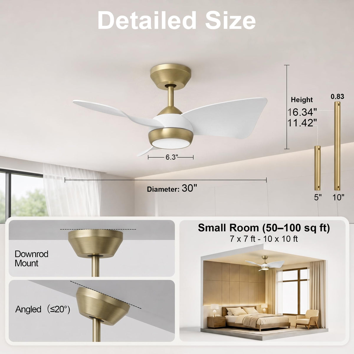 2 Pack 30" Small Ceiling Fan with Light (Brushed Brass & White / 30 Inch)
