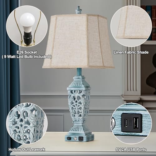 27.5" Touch Control Traditional Table Lamp Set of 2 with USB A+C (White Wash with Green Brush-2 / 27.5")