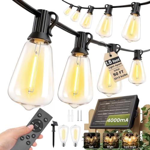 50FT Solar String Lights Outdoor with 32 LED Bulbs 1.5FT Bulbs Spacing (ST38-Solar 50FT Black / ST38-Solar Black)
