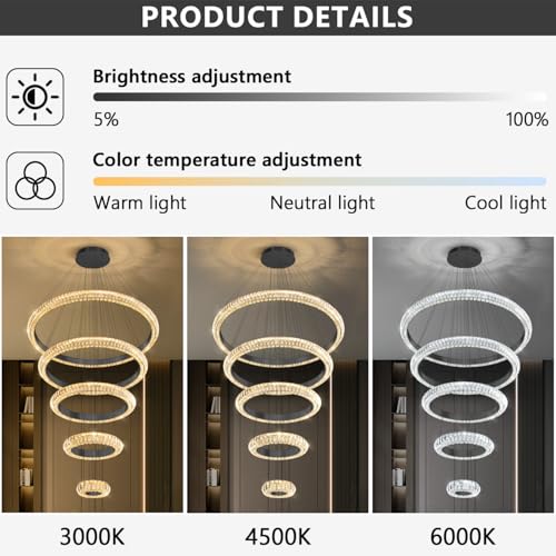 5 Ring Large Crystal Chandelier Modern LED Dimmable High Ceiling Chandelier Ring Contemporary Pendant Light Fixture for Living Room Foyer Staircase Gold D40'' (Black / 5 Ring Round 40")