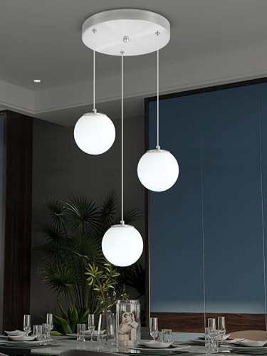 3 Light Globe Pendant Light for Kitchen Island Silver Pendant Light Fixtures with White Glass Globe Hanging Lights for Bedroom (Silver-White / Globe 3-Light)