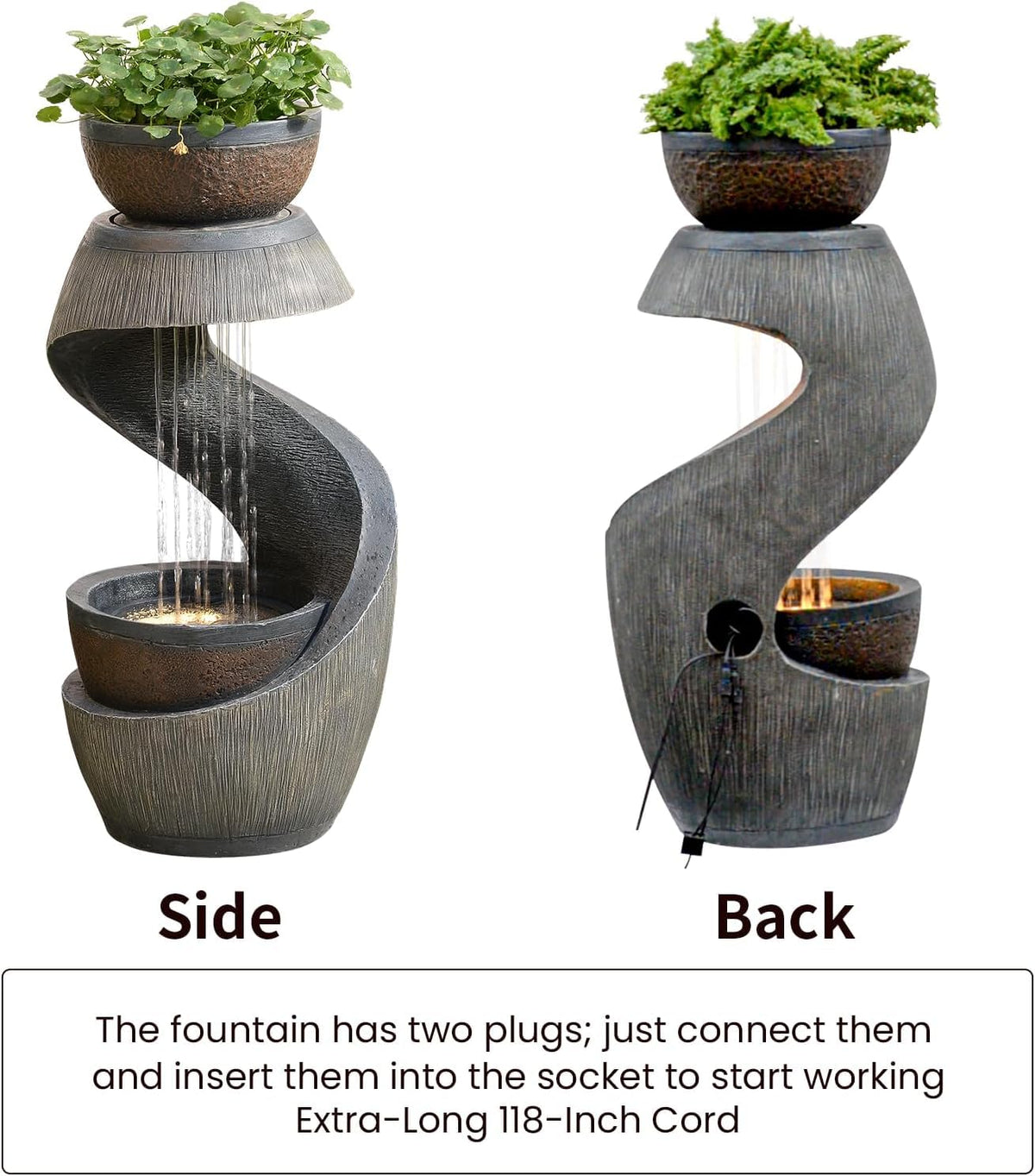 Modern S Shaped Garden Outdoor Water Fountain with LED Lights Gray (31.9H-G)