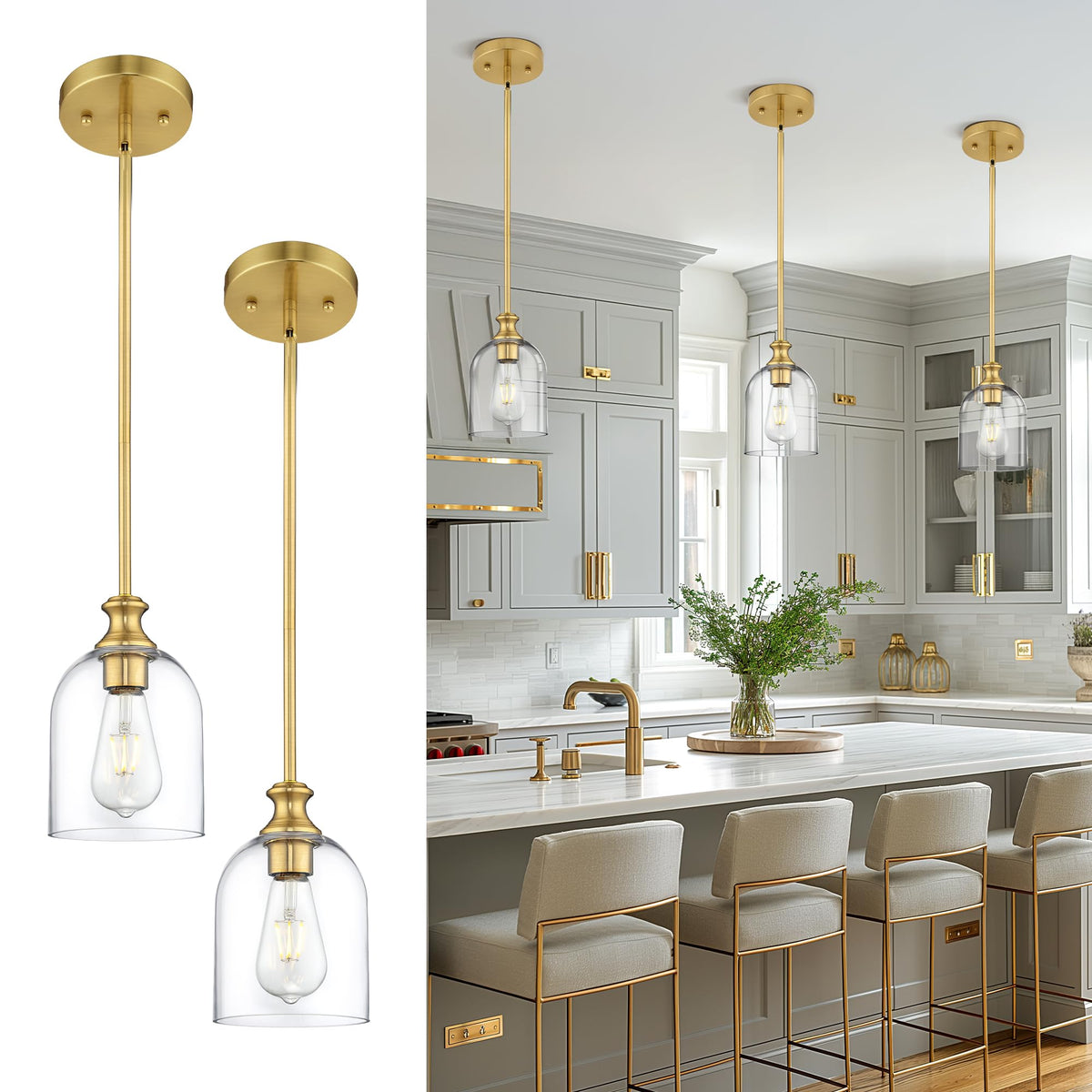 2 Pack Modern Gold Pendant Lights Kitchen Island Cylinder Glass (2 Pack-Brushed Gold+Clear Glass(Easy to install))