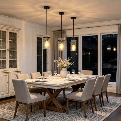 Farmhouse Black Hammered Glass Pendant Lights Kitchen Island for Foyer (Black-1 Pack)