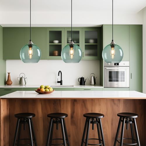 Light Green Seeded Glass Pendant Lights Kitchen Island 2 Pack (Light Green / M - 7.87 in)