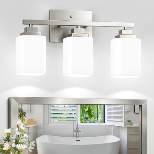 Brushed Nickel Bathroom Light Fixtures (Nickel-White Shade / 3-Light)