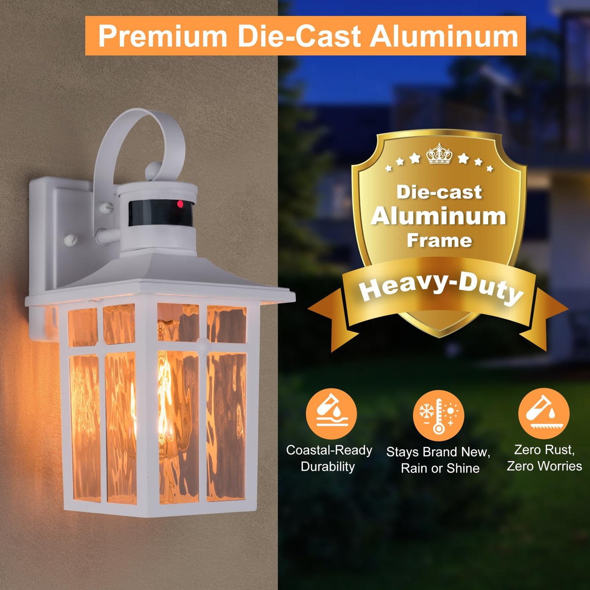 Aluminum Motion Sensor Outdoor Wall Lights with Ripple Glass (White / 13in)