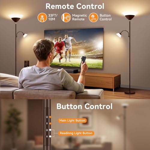 2-in-1 Torchiere Floor Lamp, 34W Super Bright LED Standing Lamp with Remote & Touch Control, 72" Dimmable Adjustable Corner Reading Lamp for Living Room, Bedroom, Office, Brown (Brown)