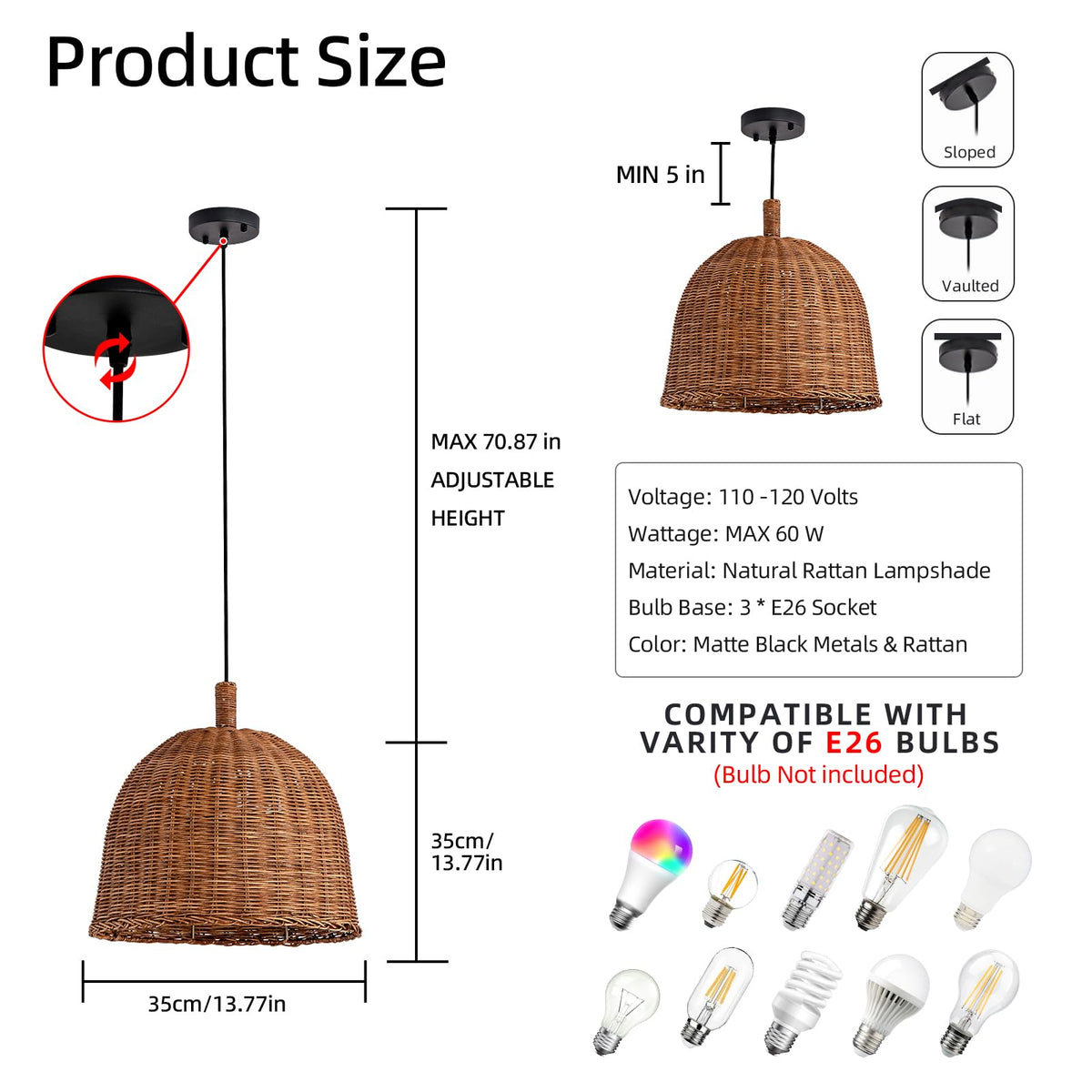 13.8" Rattan Pendant Light (Dark Brown Rattan / 13.77" 3-Light)