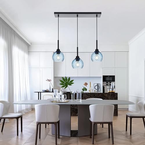 3 Light Island Lights for Kitchen with Striped Swirl Globe Glass (Blue / 3-Light-Straight Bar)
