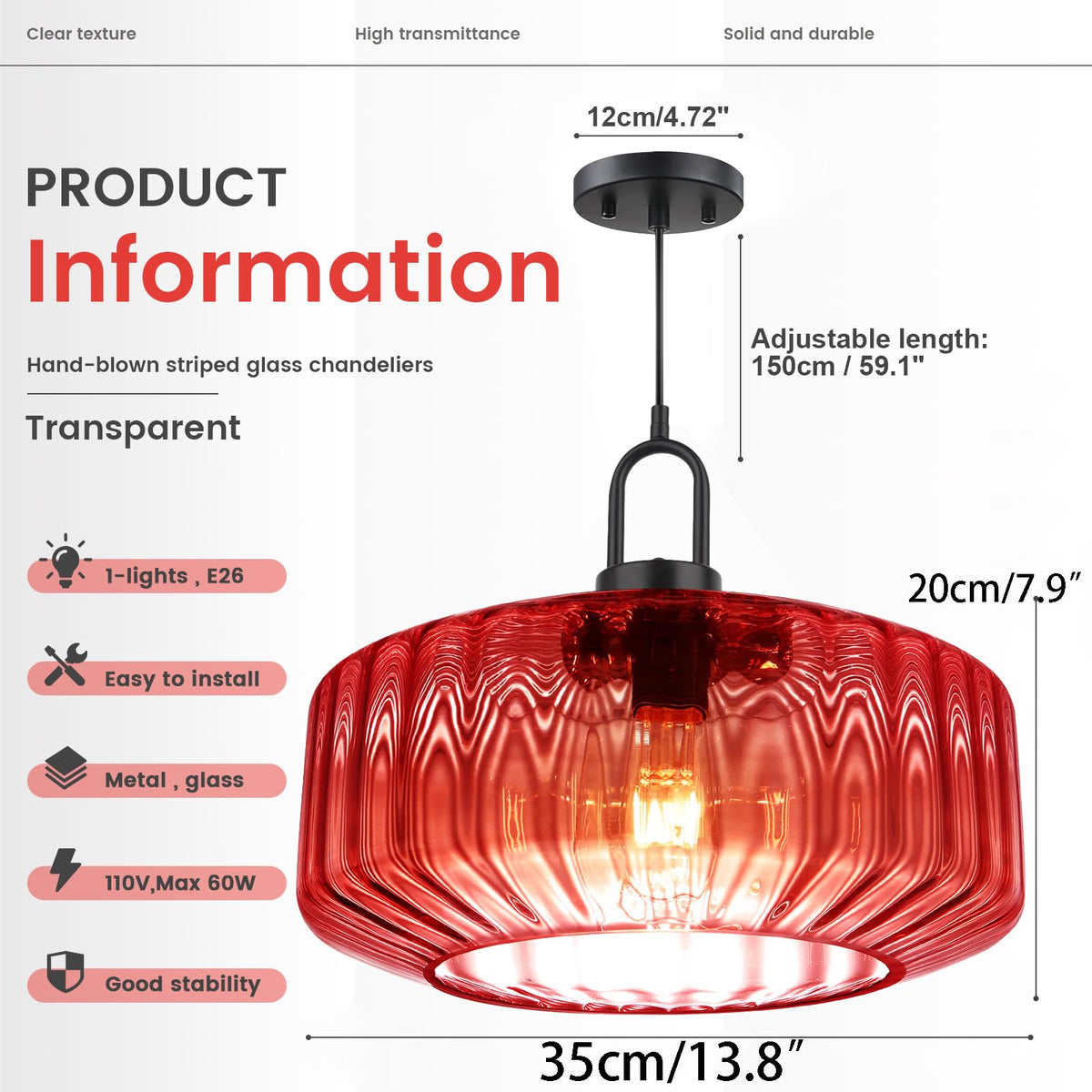Large Water Glass Globe Pendant Light KItchen art deco Pendant Light (13.7″Red)
