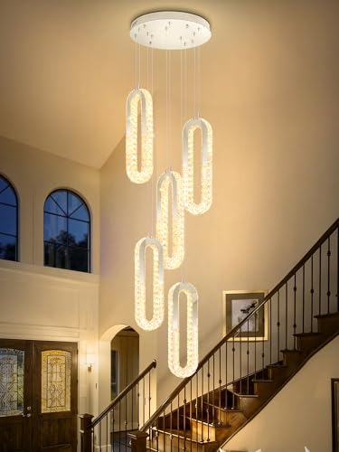 Modern LED Chandelier 5 Ring LED Pendant Light Adjustable Height Hanging Chandelier for Staircase Foyer (Silver / 5 Rings (New))