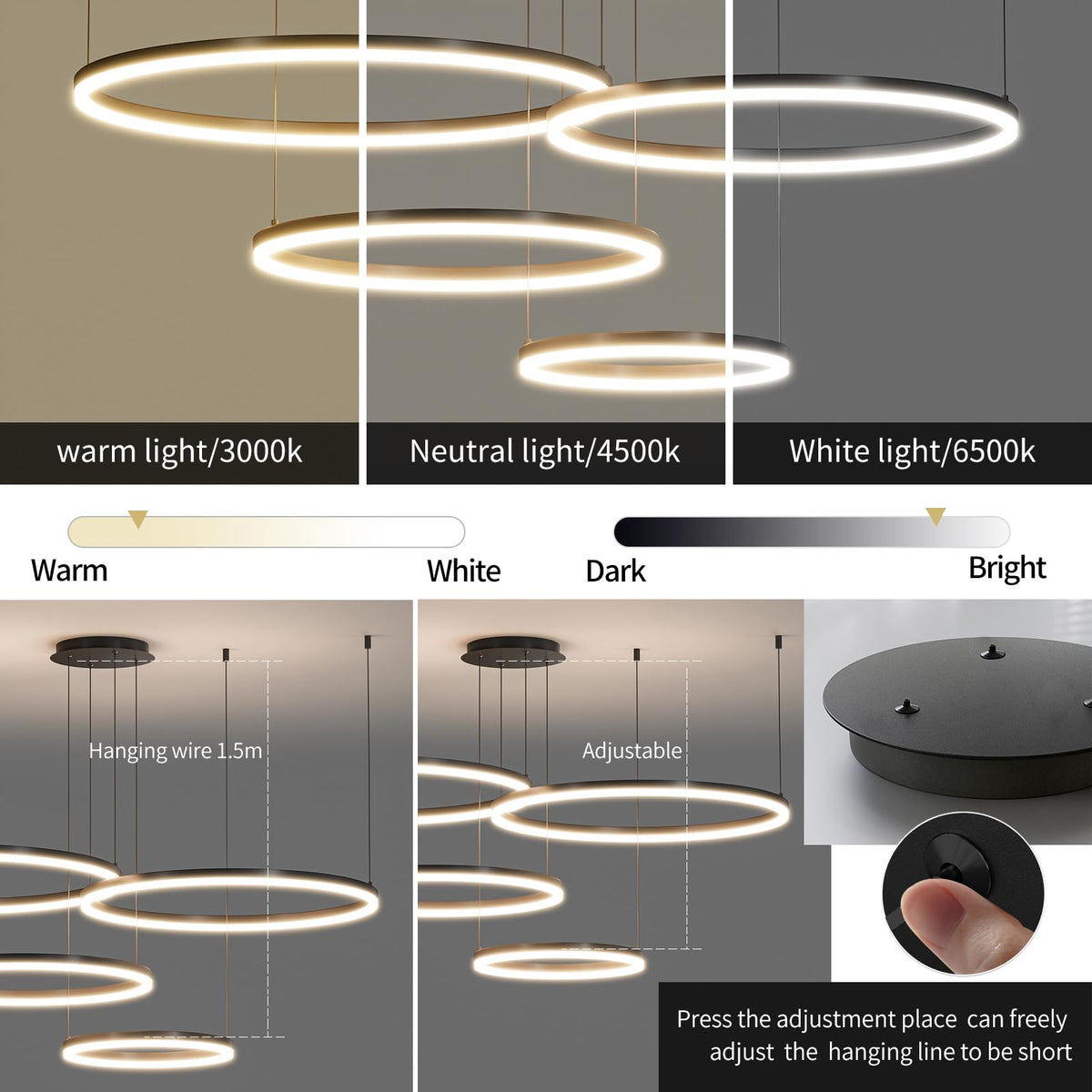 Modern Ceiling Chandelier Light (Black / 11.8+15.7+23.6+30.3in)