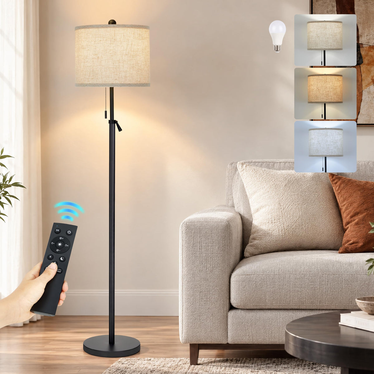 61 69" Adjustable Floor Lamp  with Remote and Stepless Dimmable Bulb (Black)