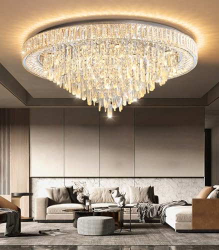 Crystal Chandeliers Modern LED Dimmable Flush Mount Ceiling Chandeliers for Living Room High Ceiling Entrance Foyer Bedroom Dining Room (Silver / 39.3" Width)