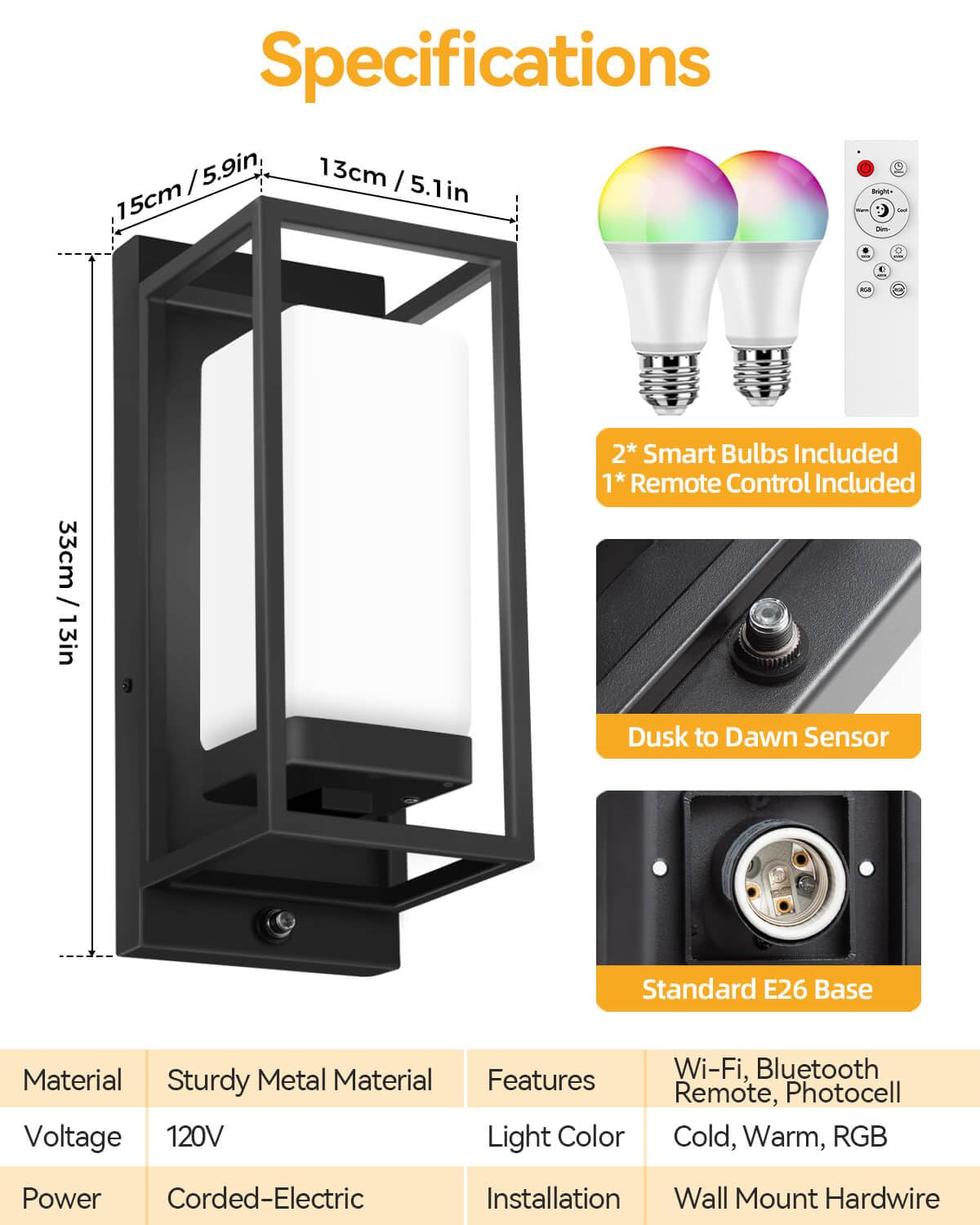 Smart Porch Lights RGBCW Outdoor Wall Light (Black)