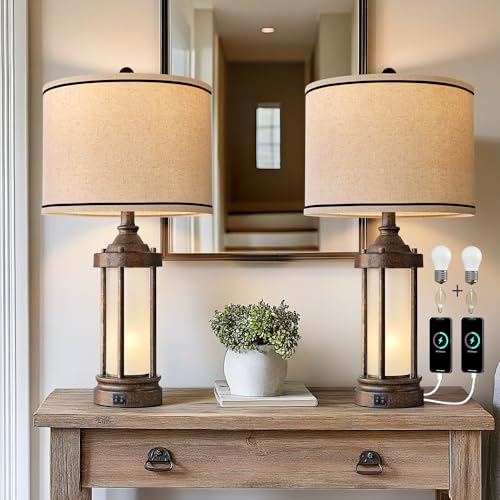 25'' Table Lamps Set of 2 for Living Room Bedroom Farmhouse Metal Lamps with 2 USB Ports (Antique Bronze)