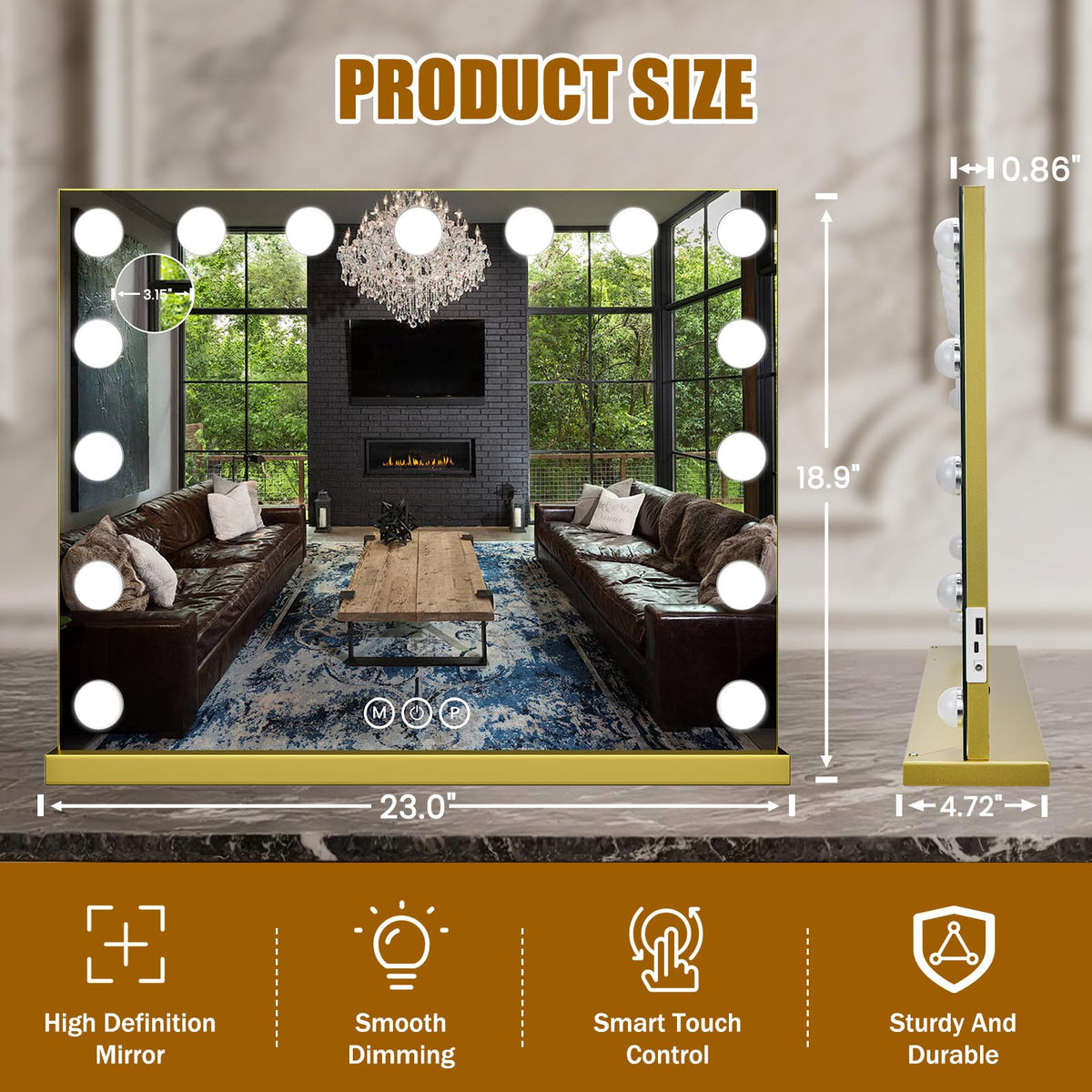 Vanity Mirror with Lights (Gold / 23"L x 18"W)