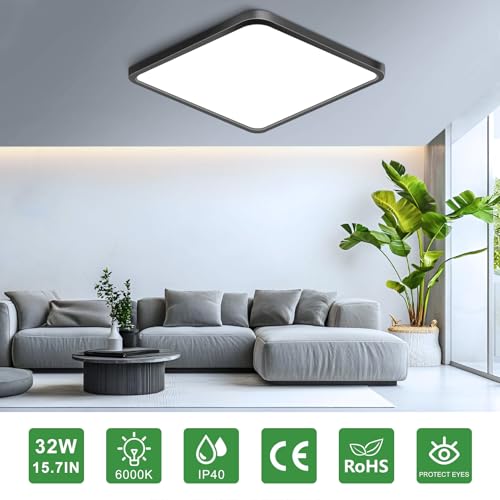 15.7Inch 32W Square LED Ceiling Light Fixtures Flush Mount (Cold White / 15.7 inch Black)