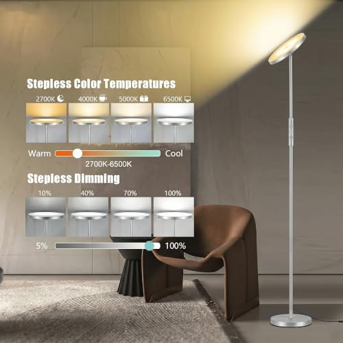 Floor Lamp Upgraded 40W 4000LM Super Bright Torchiere LED Floor Lamps for Living Room (Silver)