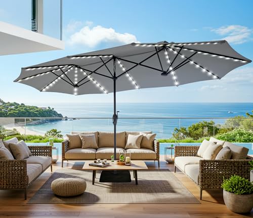 13ft Outdoor Patio Umbrella with Solar Lights (Grey)