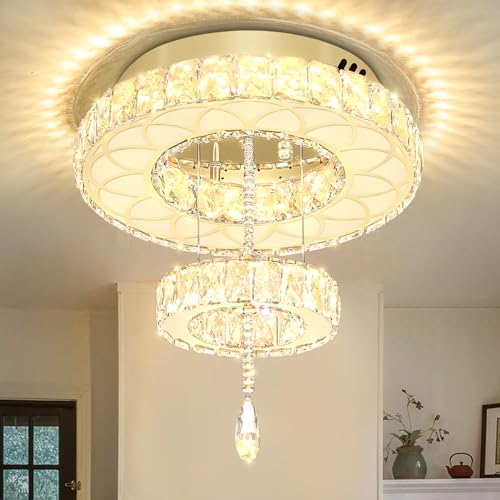 Dia 16inch Modern Gold Crystal Chandeliers Crystal Ring Chandelier for Hallway Bedroom Living Room Dining Room Dimmable LED Crystal Ceiling Light (Gold / W:16inches)