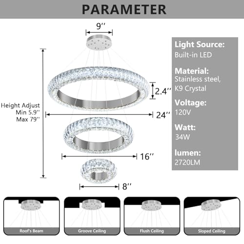 23.6" 3 Ring Crystal Chandelier Modern LED Dimmable Ring Pendant Light Round Chandelier for Dining Room Living Room Silver (Silver / 3 Ring Round 24")