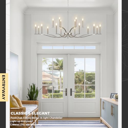 18 Light Nickel Living Room Chandelier High Ceiling Foyer Candle Chandelier Large Modern 59in Metal Chandeliers Hanging Light for Master Bedroom Dining Room Light Fixture Over Table (Nickel / 59 inch)